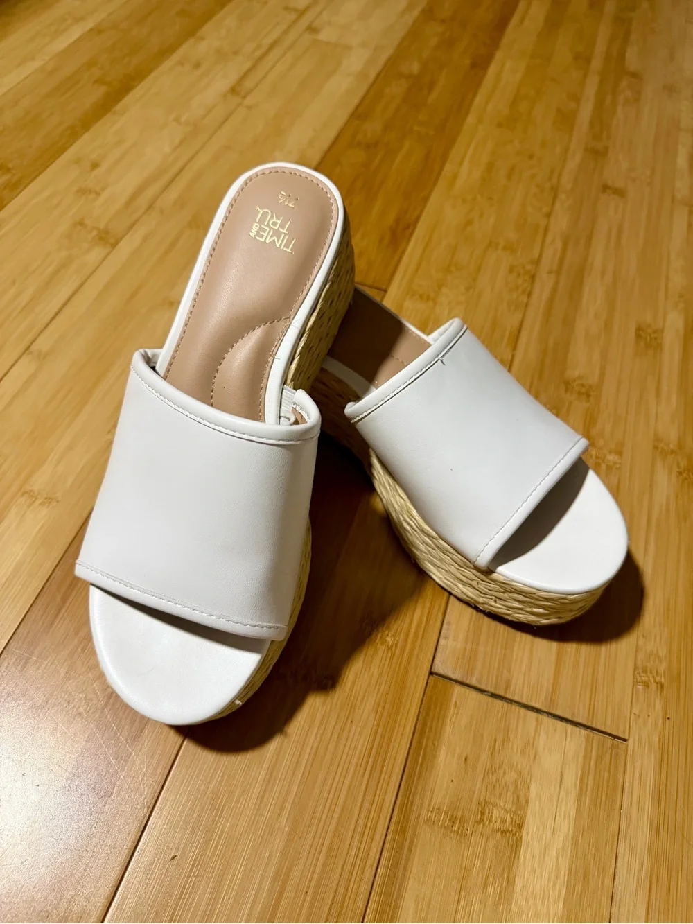 Time and Tru White Slide Espadrille Platform Sandals